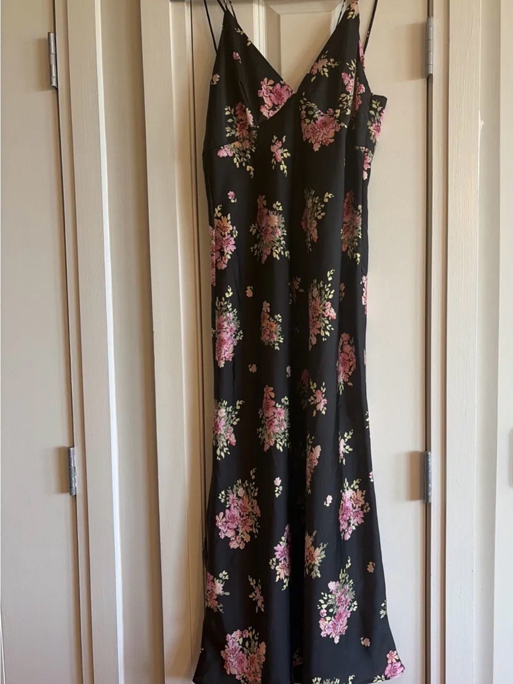 Black Floral Slip Dress with Pink Bouquet Print